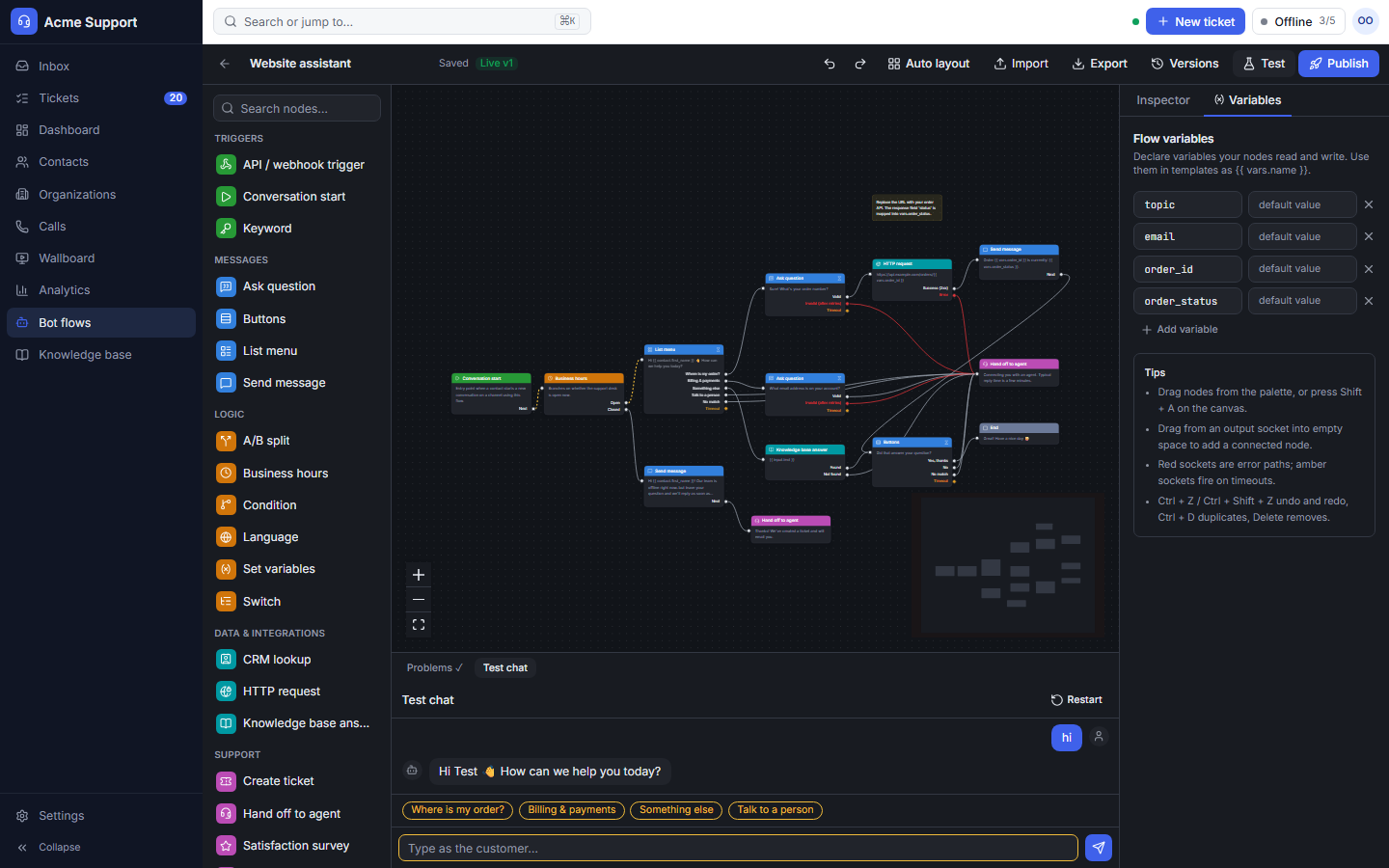 A node editor with typed sockets and a test chat simulator.