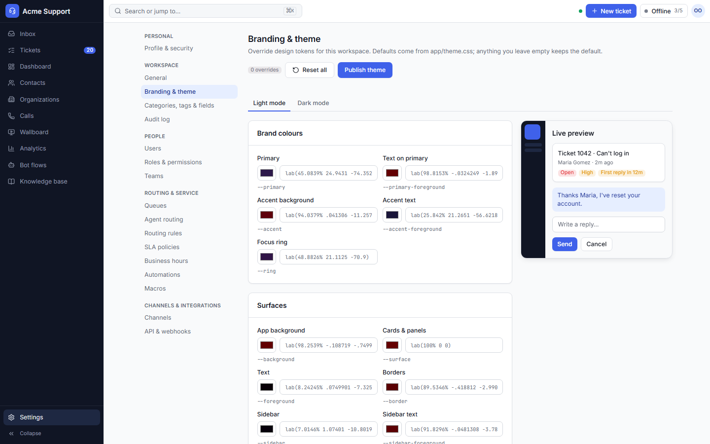 Runtime token overrides with a live preview.
