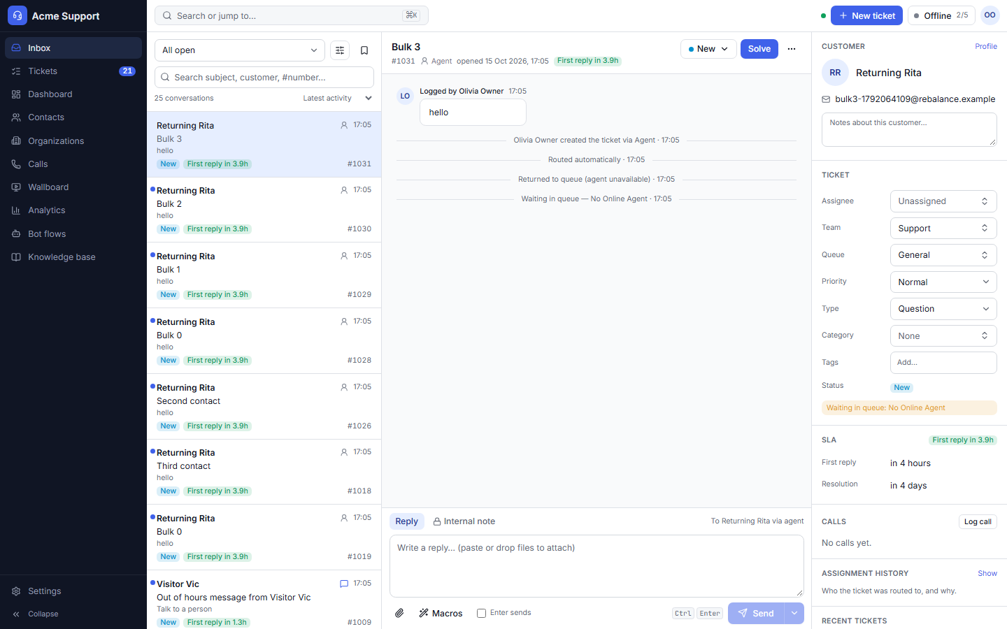 Three panes: the conversation list, the ticket, and the customer and SLA context.