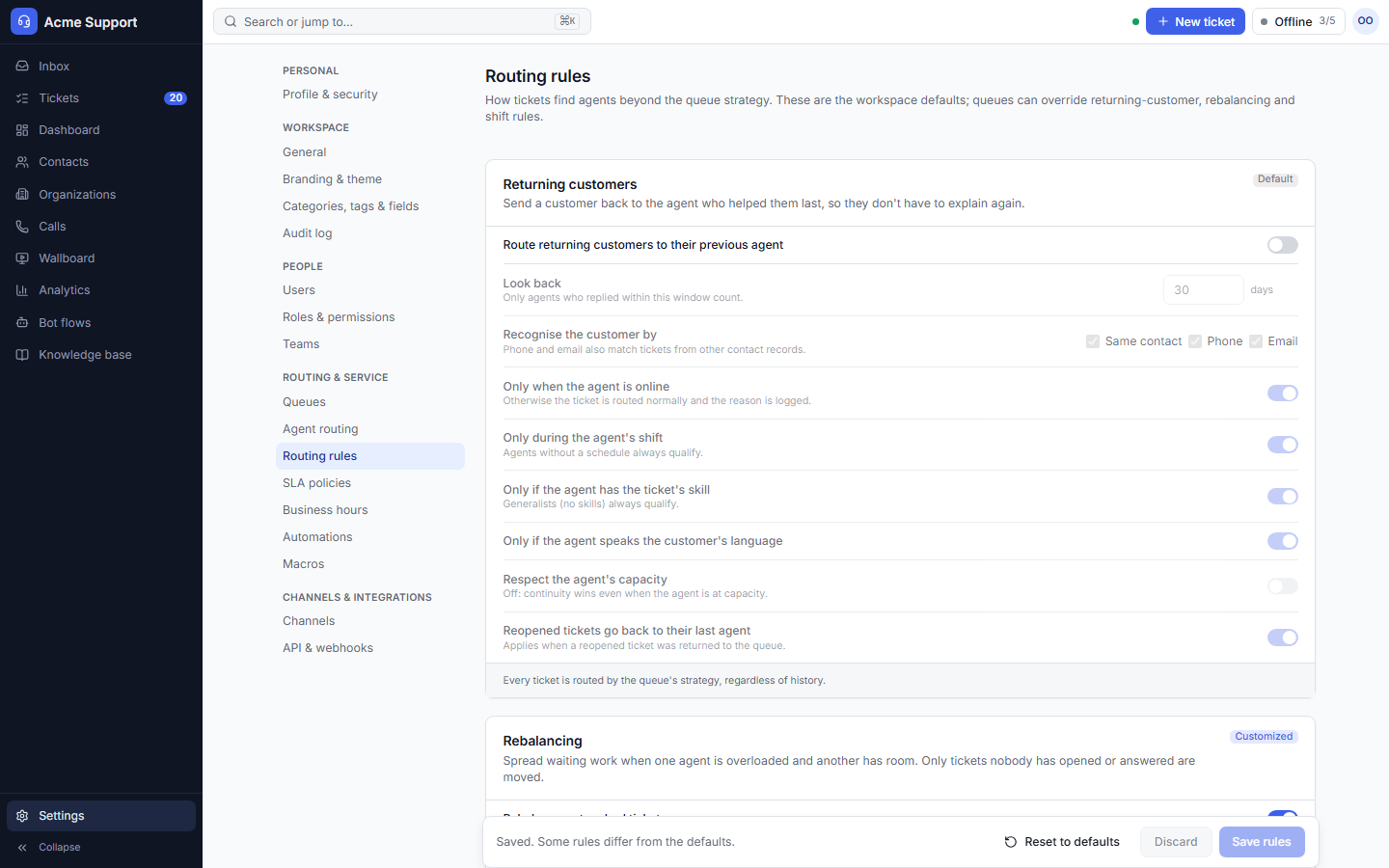 Sticky routing, rebalancing, and release rules, with a plain-language description of each.