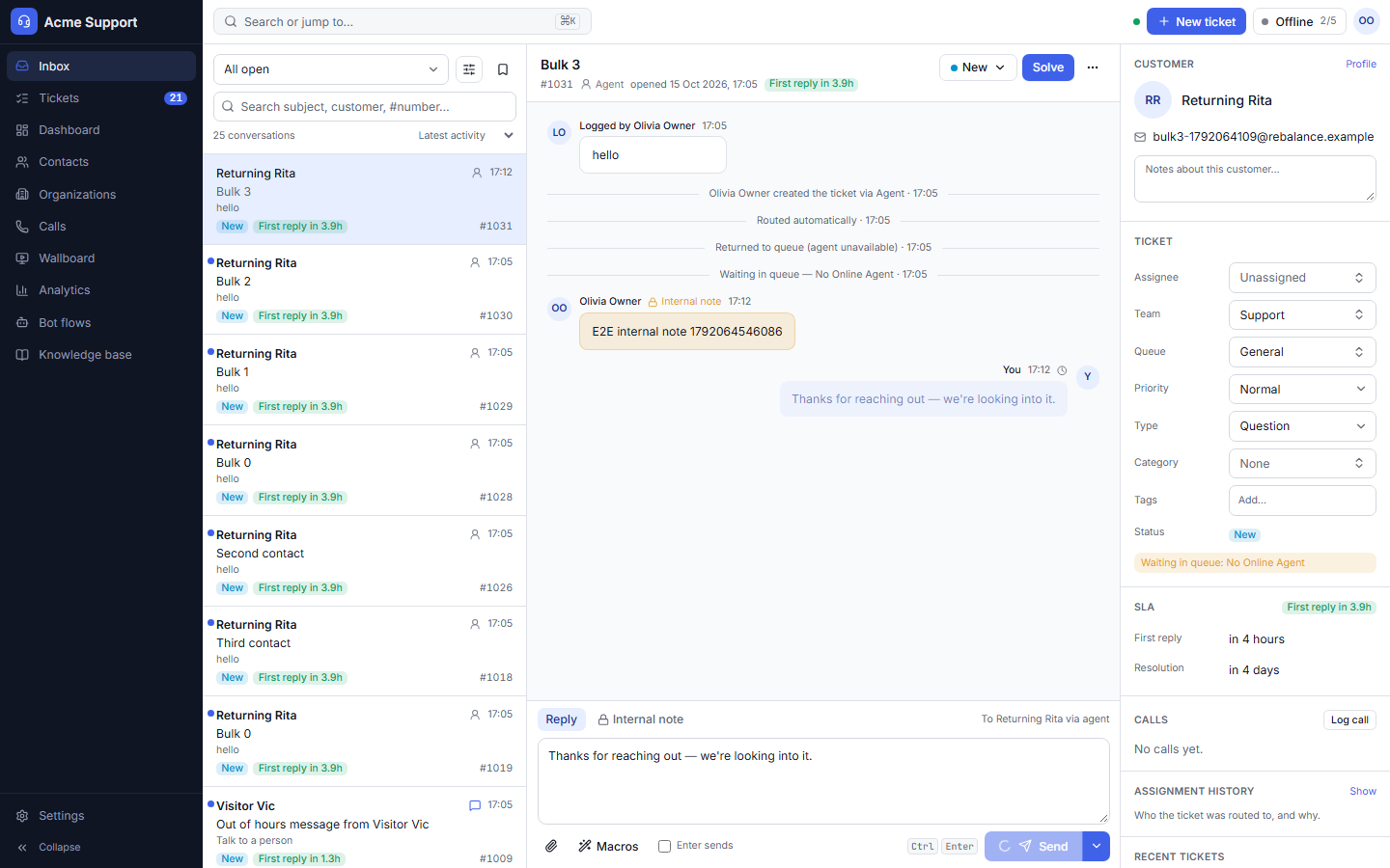 Reply and internal note tabs, with the full event history.